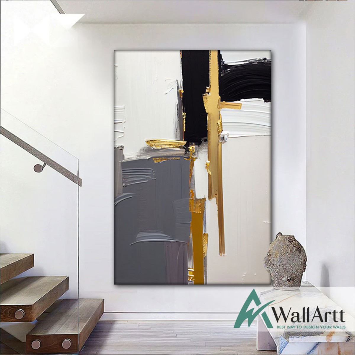 Black Grey with Gold III 3D Heavy Textured Partial Oil Painting